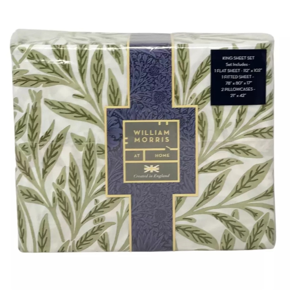 WILLIAM MORRIS KING Cotton Percale Original Willow Artichoke Sage Sheet Set NEW